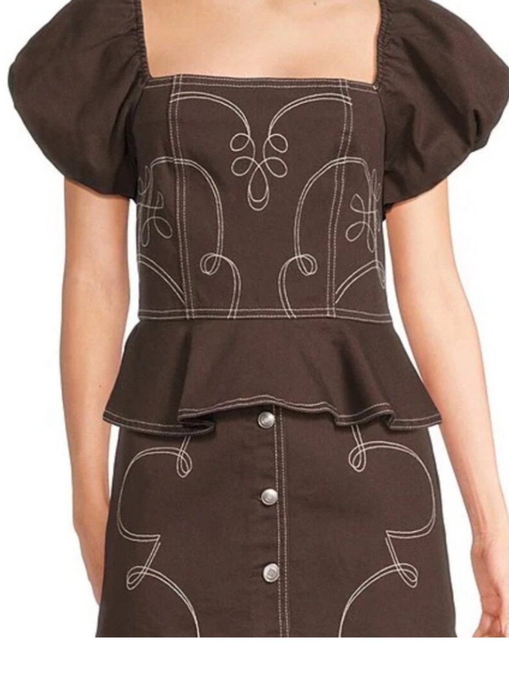 Western Inspired Peplum Blouse Brown Contrast Stitch Puff Sleeve NWT XL